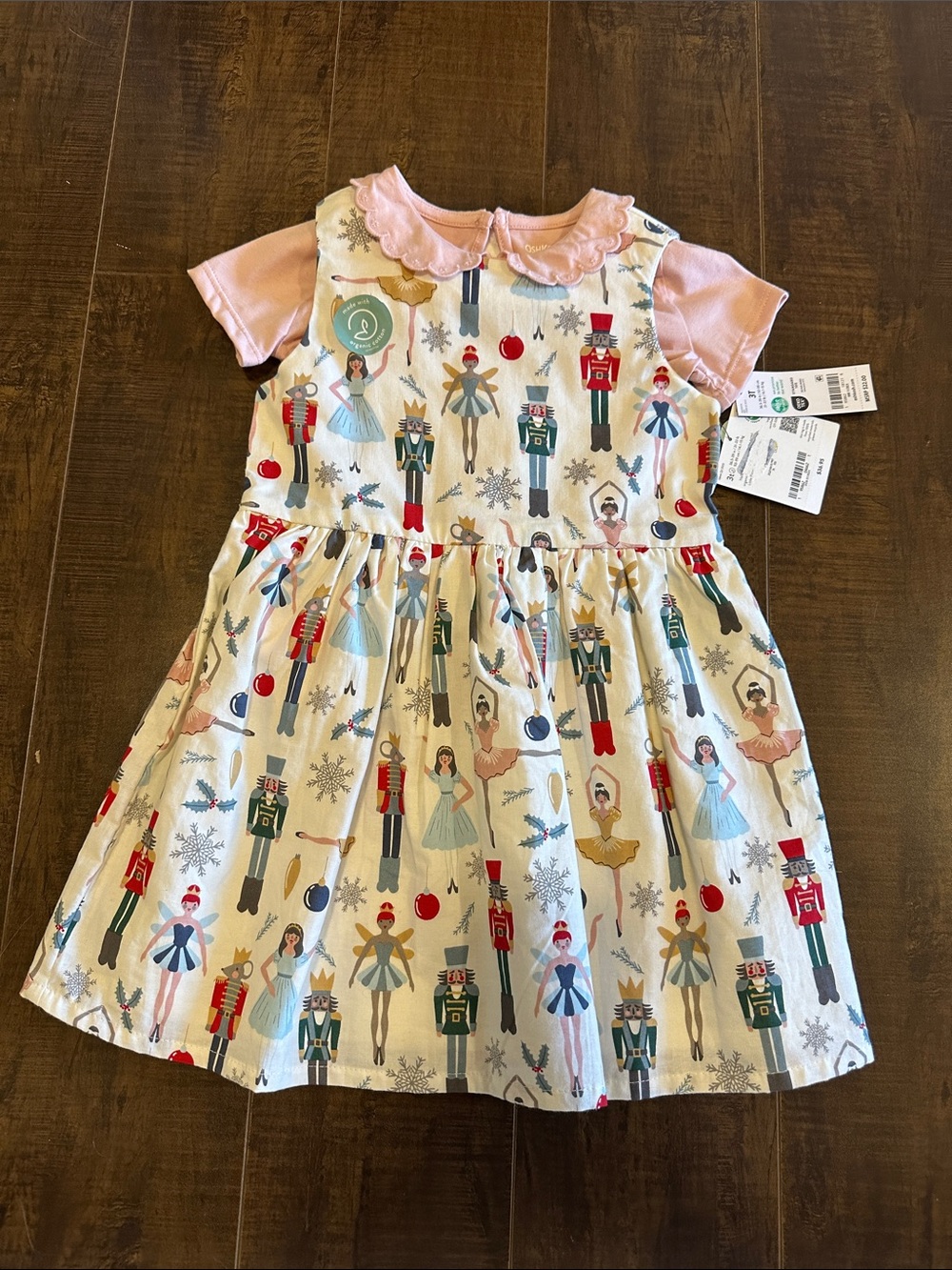 Girls Nutcracker Ballet Print Dress with Pink Collar